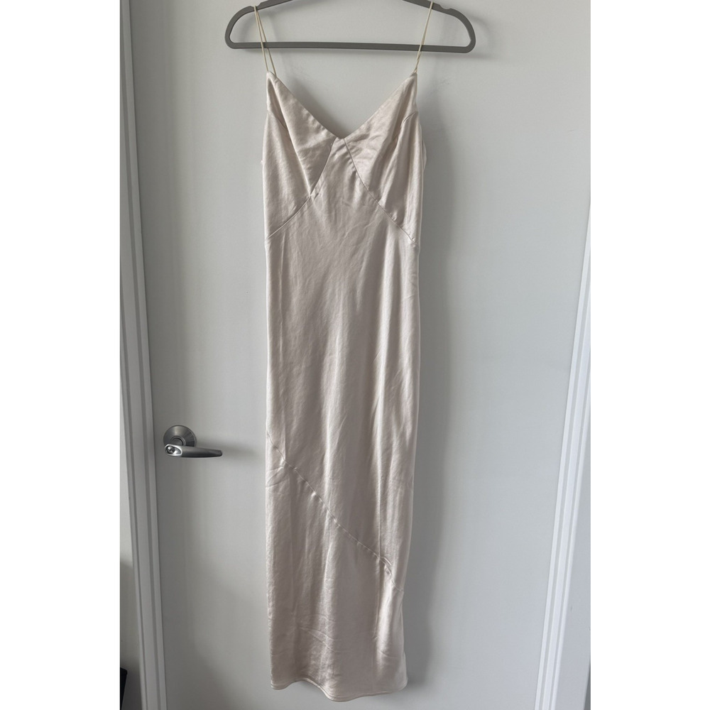champagne Satin midi slip dress‎ Spaghetti Straps v neck Size 10